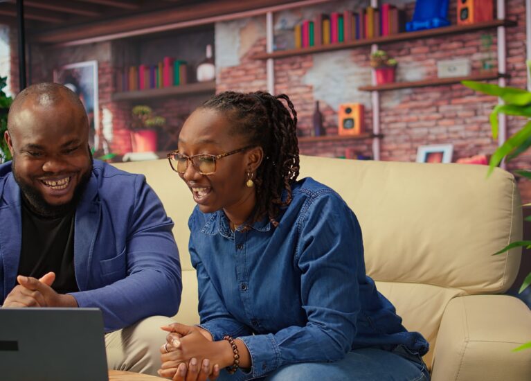 African ameircan people meeting with colleagues remotely on video call, discussing about tasks details and meeting on teleconference for a briefing. Man and woman chatting on web. Camera A.